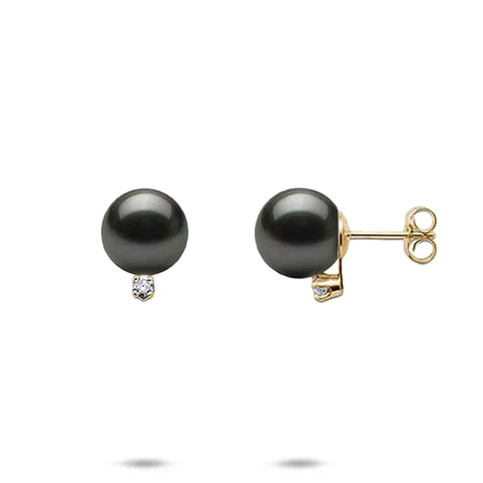Tahitian Black Pearl Earrings in Gold with Diamonds – 9-10mm