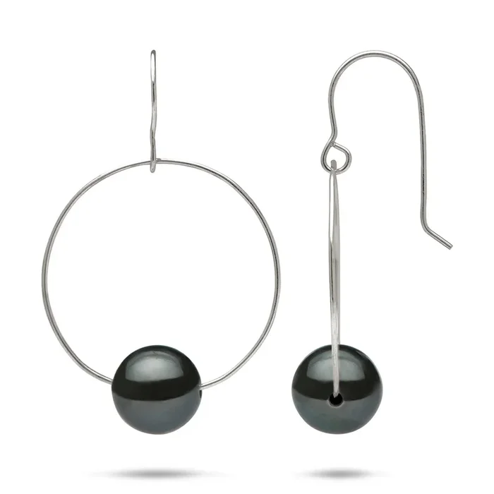 Tahitian Black Pearl Hoop Earrings in White Gold – 9-10mm