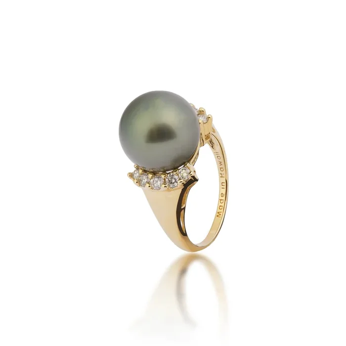 Tahitian Black Pearl Ring in Gold with Diamonds – 12-13mm