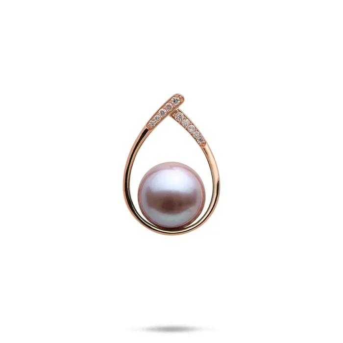 Teardrop Freshwater Lilac Pearl Pendant in Rose Gold with Diamonds – 10-11mm