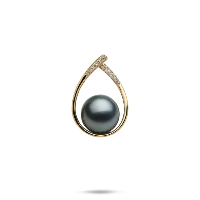 Teardrop Tahitian Black Pearl Pendant in Gold with Diamonds – 10-11mm