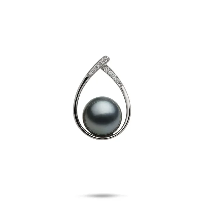 Teardrop Tahitian Black Pearl Pendant in White Gold with Diamonds – 10-11mm