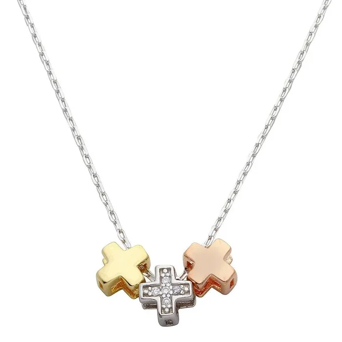 Three-Tone 925 Sterling Silver Cross Charms Necklace – STP01529
