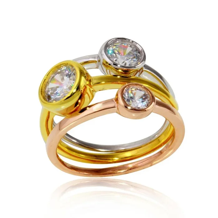 Three-Tone 925 Sterling Silver Plated Stackable Trio Round CZ Ring – STR01067