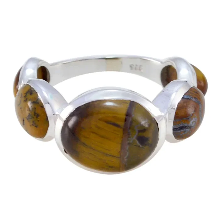 Tiger Eye Penta Russian Sterling Silver Brown Gems Slim Contemporary Ring Jewellery