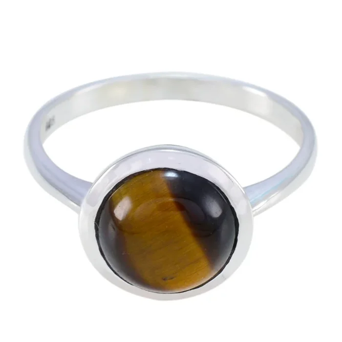 Tiger Eye Solitaire Indian 925 Sterling Silver Brown Gemstone Slim Modern Ring Jewelry