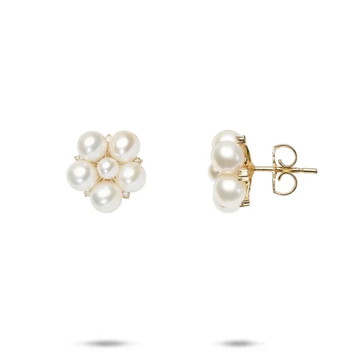 Tiny Bubbles Freshwater White Pearl Earrings in Gold with Diamonds