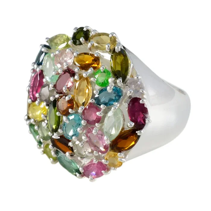 Tourmaline multiple French Silver multicolor Gemstone Statement Artisan Ring Jewelry