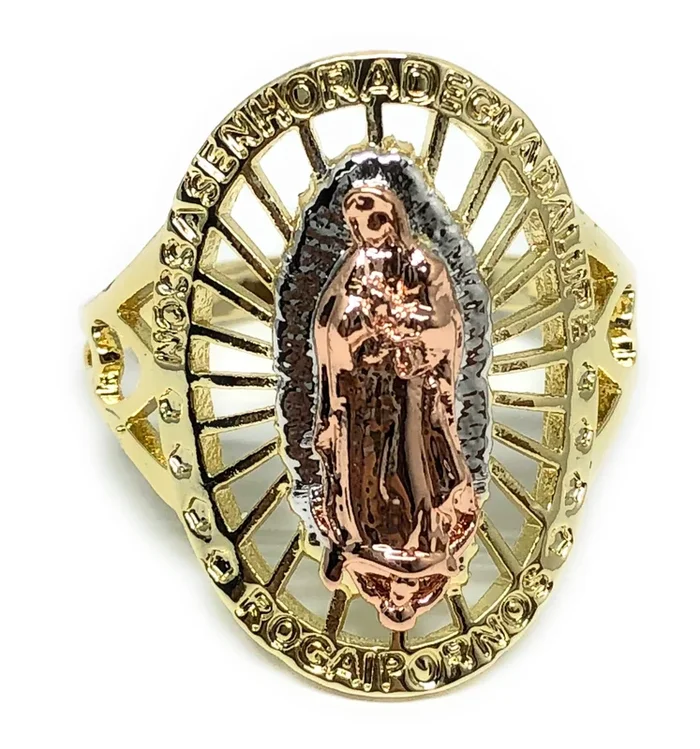 Tri-Color Gold Plated Virgin Mary Ring Virgen De Guadalupe Anillo Tres Colores