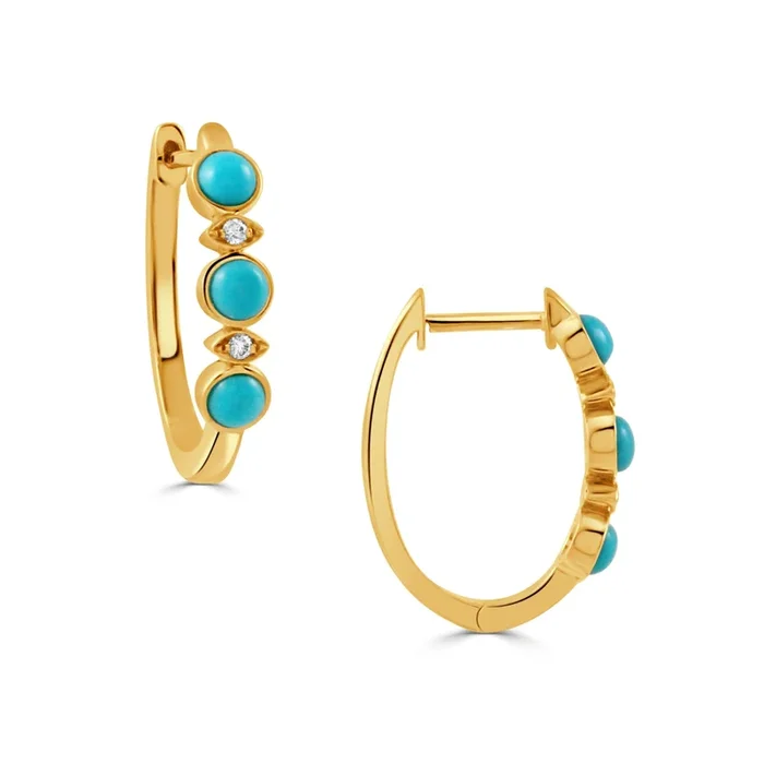 Turquoise 3-Stone & Diamond 18K Gold Hoop Earrings