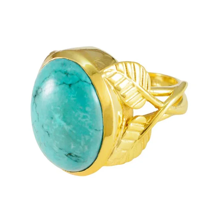 Turquoise Solitaire French 925 Sterling Silver Blue Gems Statement Leafy Ring Jewelry