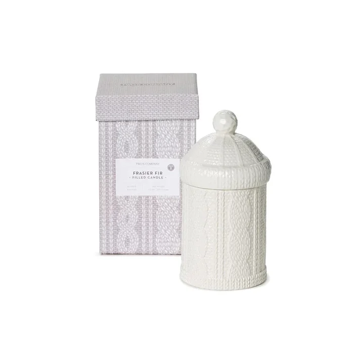 Two’s Company Cable Knit Lidded Filled Candle with Fraser Fir Scent in Gift Box