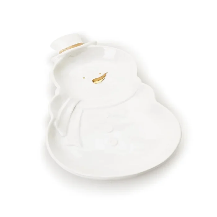Two’s Company Snowman Serving Dish with Gold Hand-Painted Accents