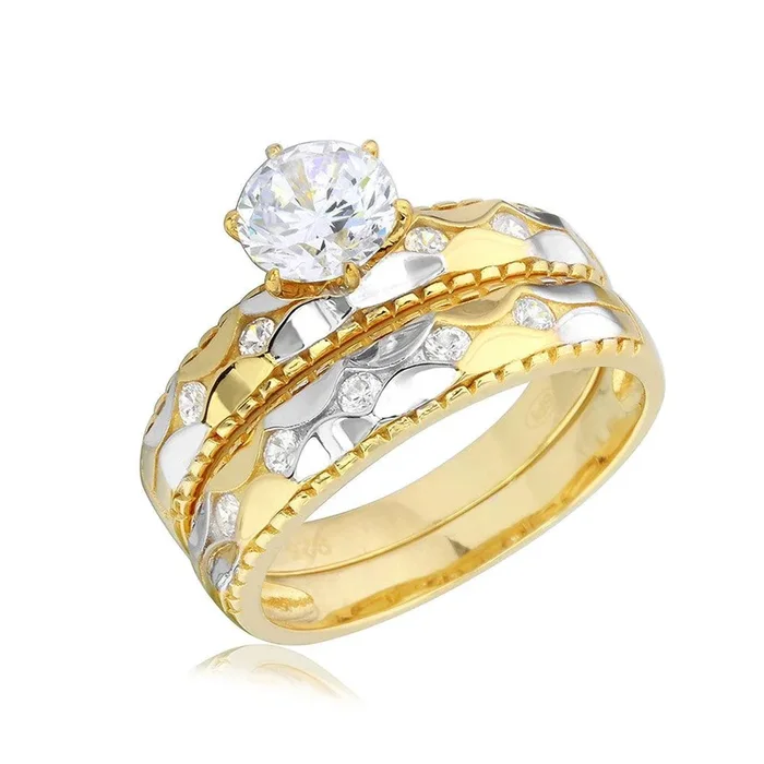 Two-Tone 925 Sterling Silver Hammered CZ Wedding Ring – GMR00186GP