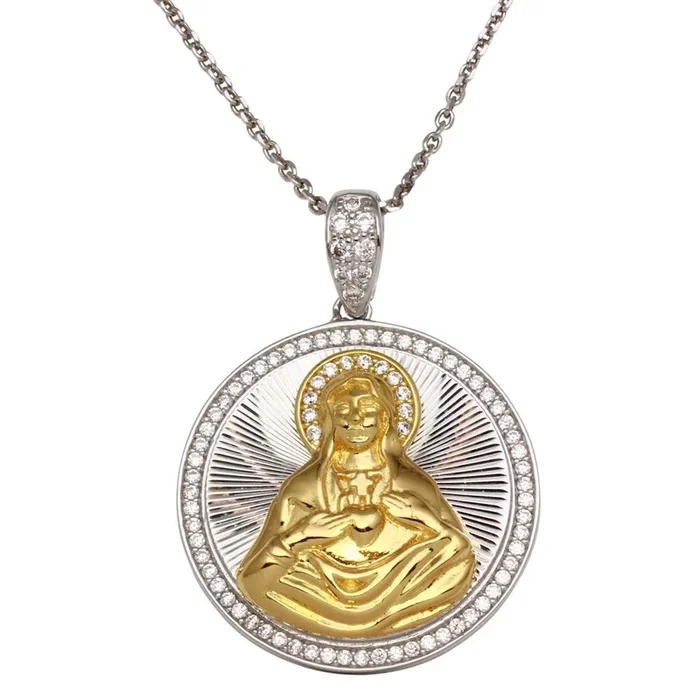 Two-Tone 925 Sterling Silver Round Virgin Mary Pendant Necklace with CZ – GMP00014RG