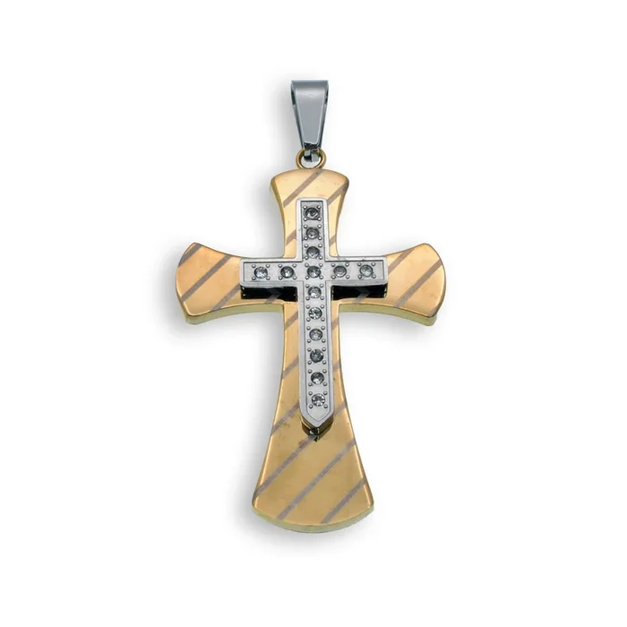 Two Tone Gold & Rhodium Plated Stainless Steel Double Layered CZ Cross Pendant – SSP00150