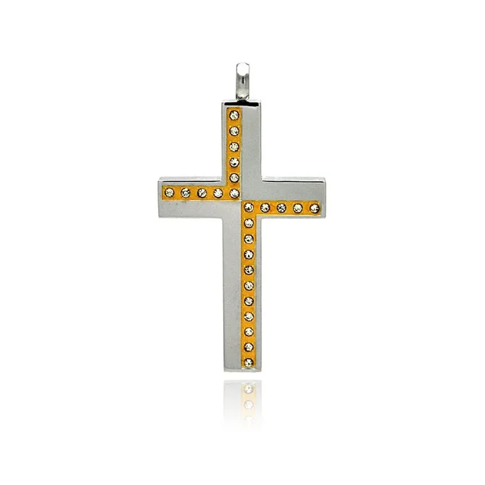 Two Tone Gold & Rhodium Plated Stainless Steel Multi CZ Cross Pendant – SSP00228
