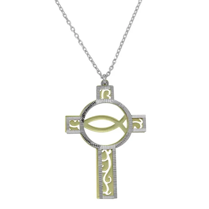 Two-Tone Gold and Rhodium Plated 925 Sterling Silver Cross Pendant Necklace – SOP00046