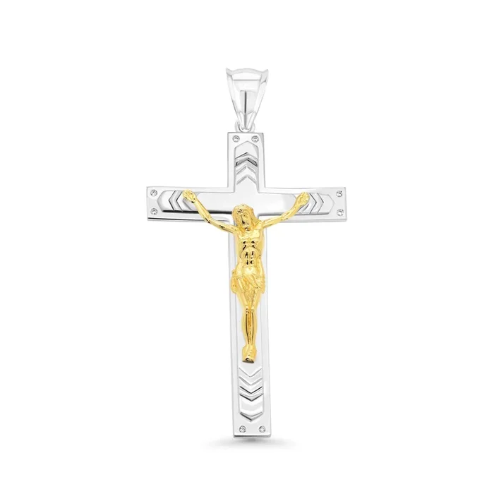 Two Tone Plated 925 Sterling Silver Crucifix Cross Clear CZ 40.1mm x 62.6mm Pendant – GMP00175RG