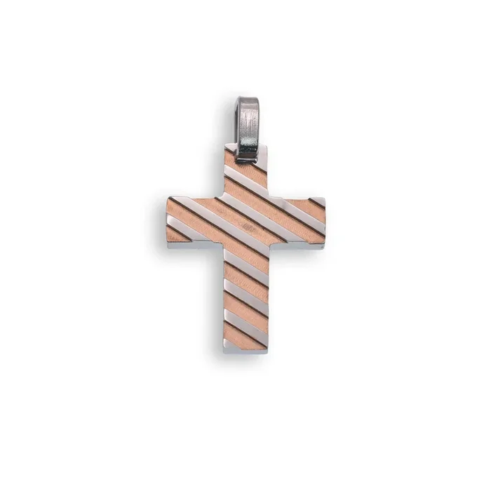 Two Tone Rose Gold & Rhodium Plated Stainless Steel Stripped Cross Pendant – SSP00505