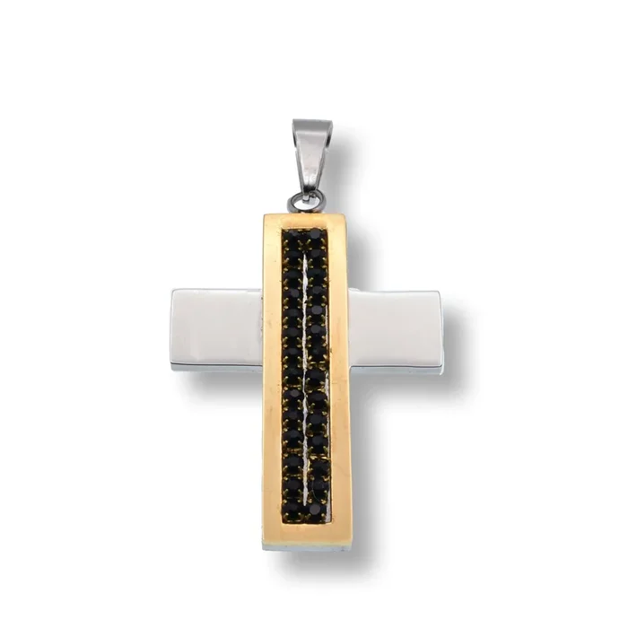 Two-Tone Stainless Steel Cross Black CZ Pendant – SSP00260