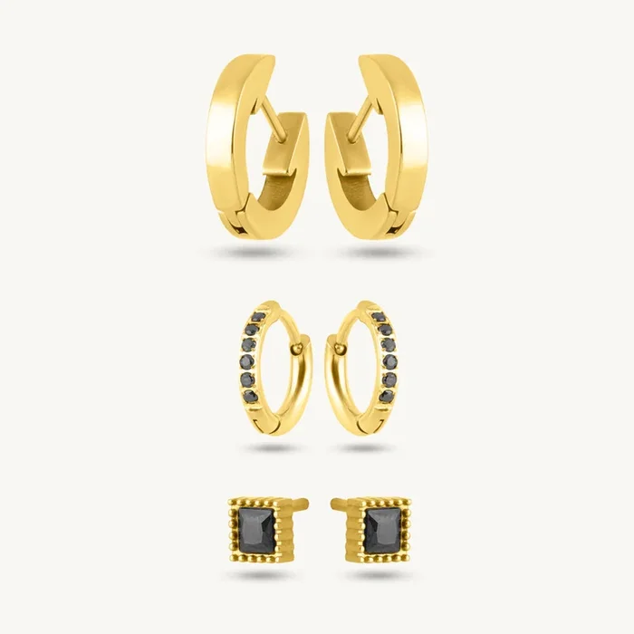 Urban Noir Golden Hoop & Black Stone Earring Set