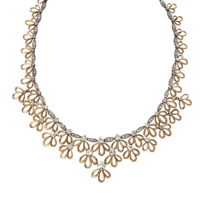 Victorian Diamond 18K Gold Floral Bib Necklace