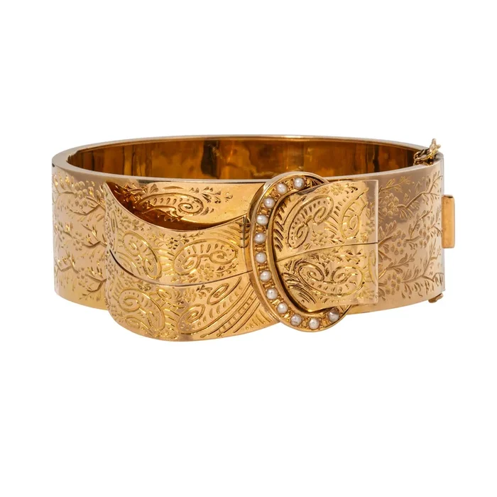 Victorian French Seed Pearl 18K Gold Buckle Bangle