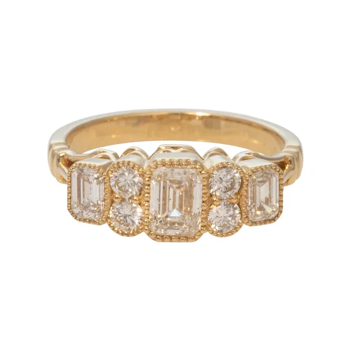 Victorian-Style Emerald-Cut Diamond Three-Stone 18K Gold Ring