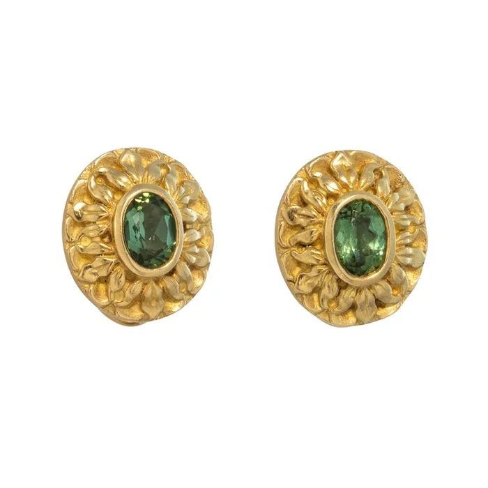 Vintage 2ctw Green Tourmaline 18K Gold Floral Clip-On Earrings
