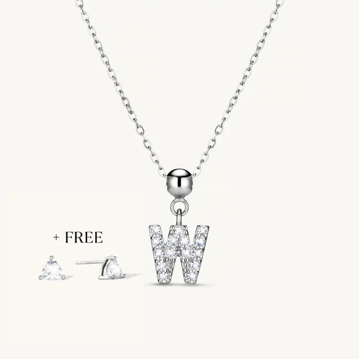 W Diamond Initial Charm Necklace + FREE Diamond Trio Studs Silver