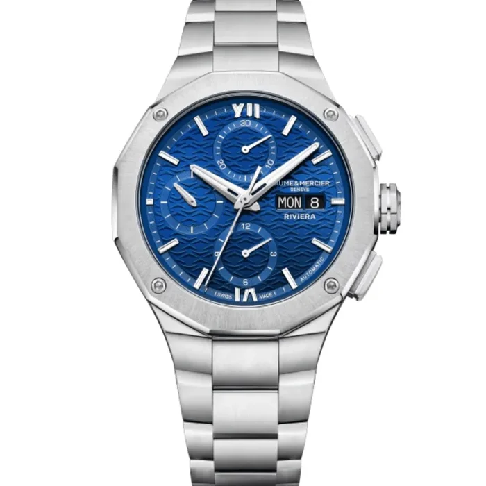 Watch Baume et Mercier Riviera Automatic chronograph, blue dial, steel bracelet, 41 mm M0A10826 – Lepage