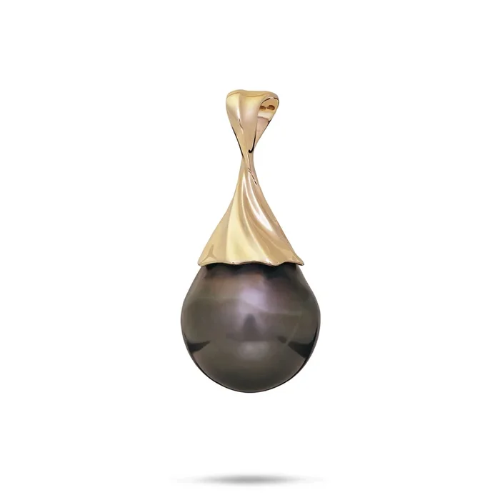 Waterfall Circle Tahitian Black Pearl Pendant in Gold – 14-17mm