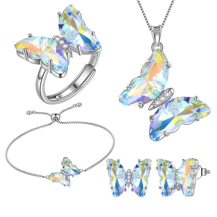 Weißes Schmetterlings-Schmuckset, 5-teilig, Diamant-Geburtsstein für April, für Frauen und Mädchen, Geburtstagsgeschenke