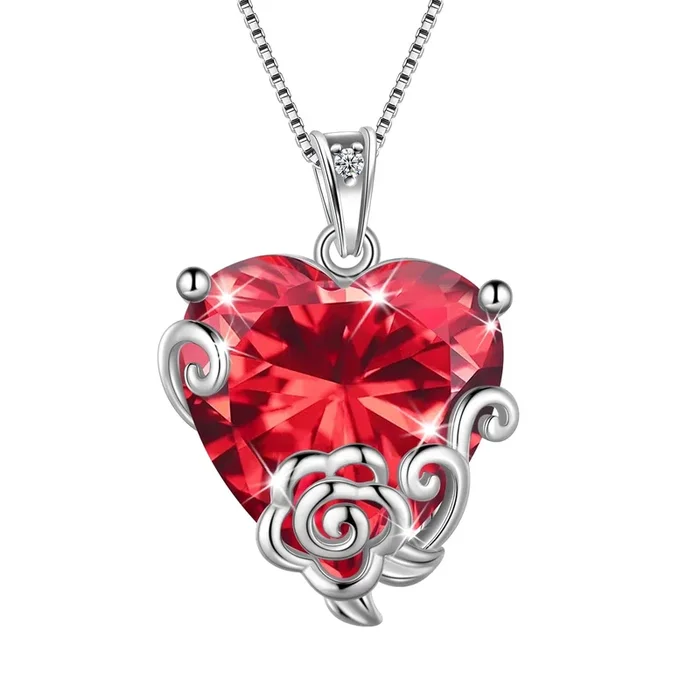 Women Heart Necklace July Birthstone Ruby Jewelry 925 Sterling Silver Red CZ Flower Rose Pendant Mother Birthday Valentine’s Day Gifts