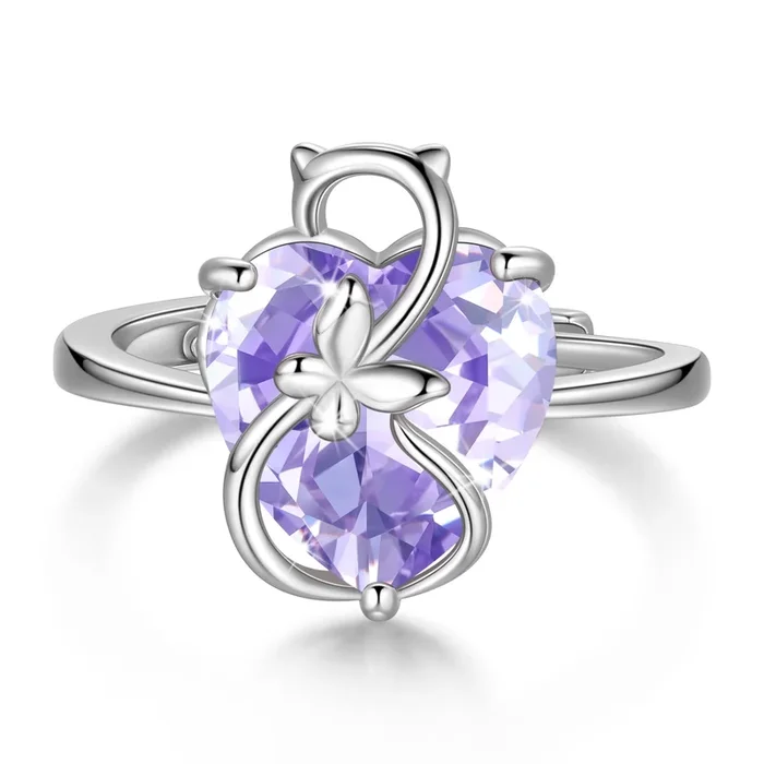 Women Heart Ring 925 Sterling Silver Cat Butterfly June Birthstone Alexandrite Solitaire Ring Jewelry Birthday Gift for Mother Cat Lover