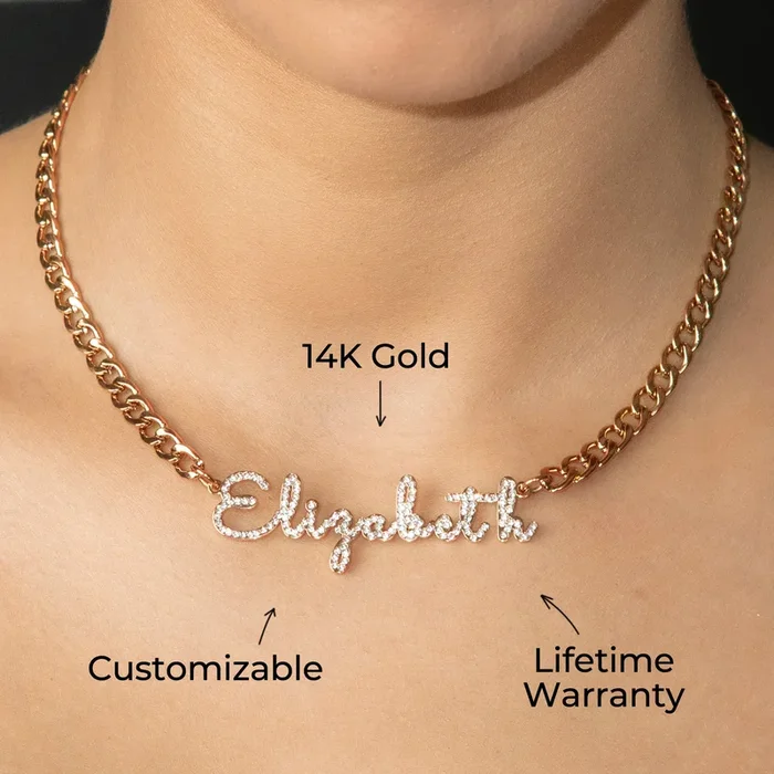 Women Jewelry – Rose Gold Iced Out VVS Name Necklace | Style # N18