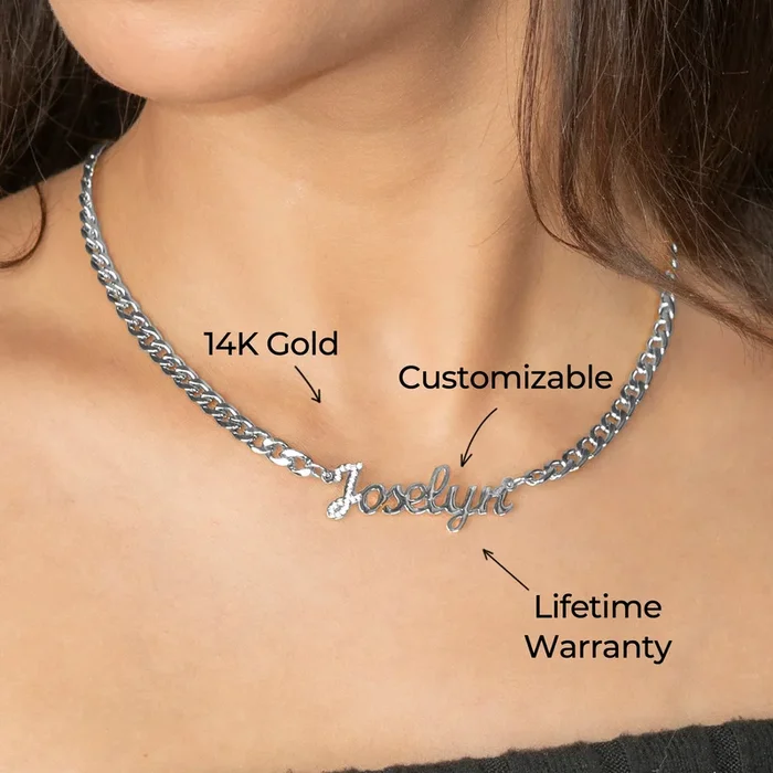 Women Jewelry – White Gold Iced Out VVS Name Necklace | Style # N49