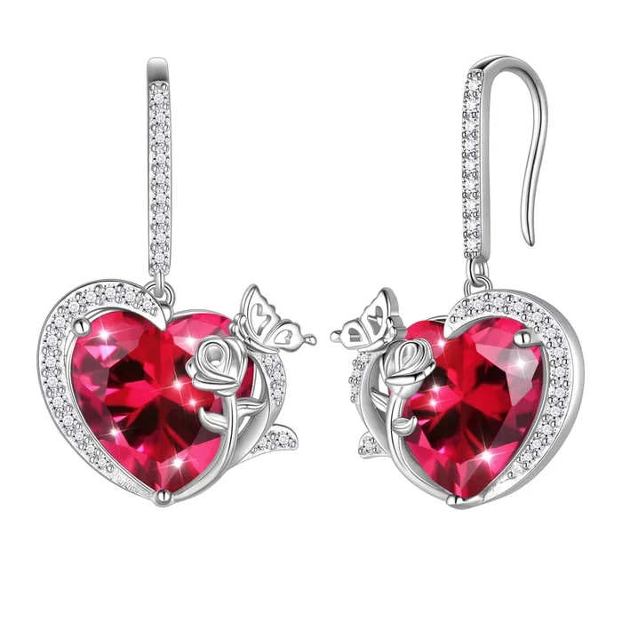 Women July Birthstone Drop Earrings Heart Ruby Red Butterfly Flower Jewelry Hook 925 Sterling Silver Earring Mother Valentine’s Day Gift