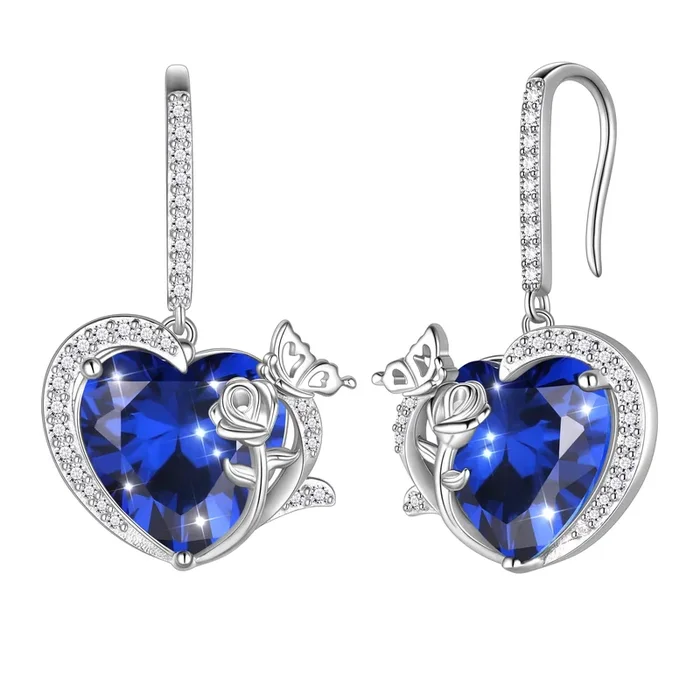 Women September Birthstone Drop Earrings Heart Blue Sapphire Butterfly Flower Jewelry 925 Sterling Silver Hook Earring Mother’s Day Gift