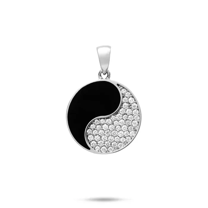 Yin Yang Black Coral Pendant in White Gold with Diamonds – 20mm
