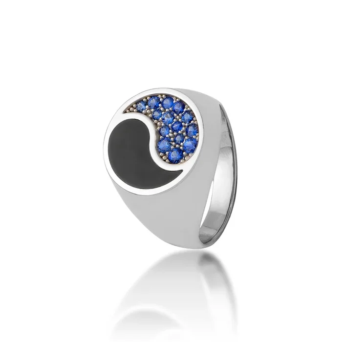 Yin Yang Black Coral Ring in White Gold with Blue Sapphires – 17.5mm