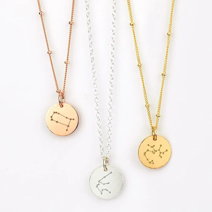 Zodiac Constellation Disc Necklace, Sterling Silver or Gold Personalized Astrology Jewelry